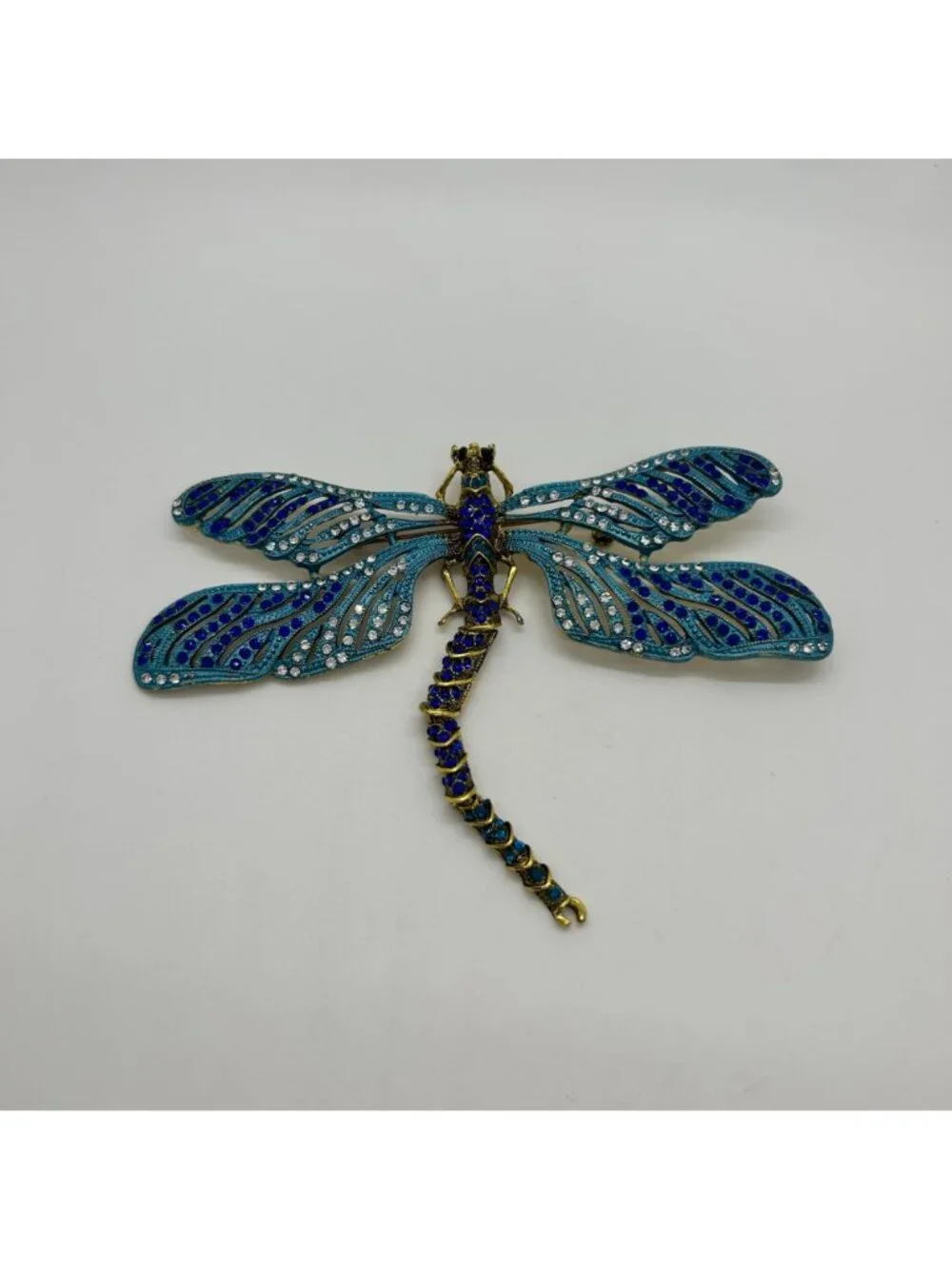 Dragonfly Brooch Articulated Tail Blue Teal Rhinestones Statement 5 inch Insect